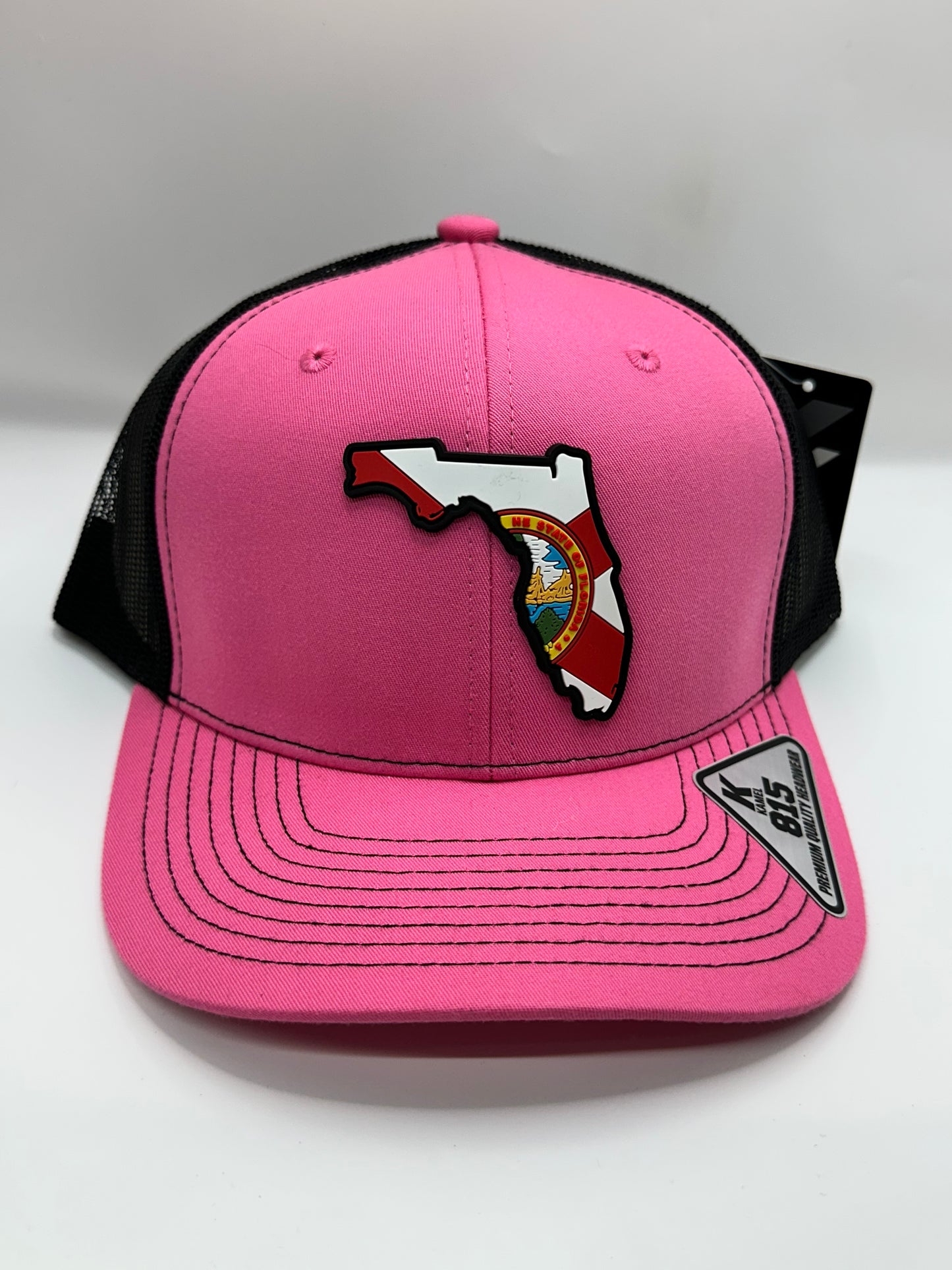 Florida State Flag PVC Patch Kamel 815 Snapback Mesh Trucker Cap Slight Curve Hat Structured Mesh Back Adjustable Baseball Hat