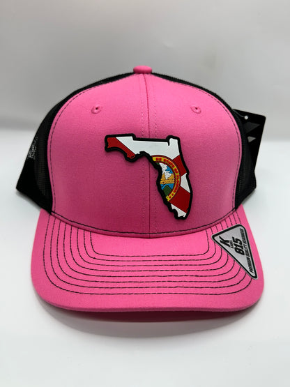 Florida State Flag PVC Patch Kamel 815 Snapback Mesh Trucker Cap Slight Curve Hat Structured Mesh Back Adjustable Baseball Hat