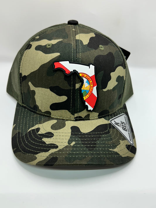 Camo Florida State Flag PVC Patch Kamel 815 Snapback Mesh Trucker Cap Slight Curve Hat Structured Mesh Back Adjustable Baseball Hat