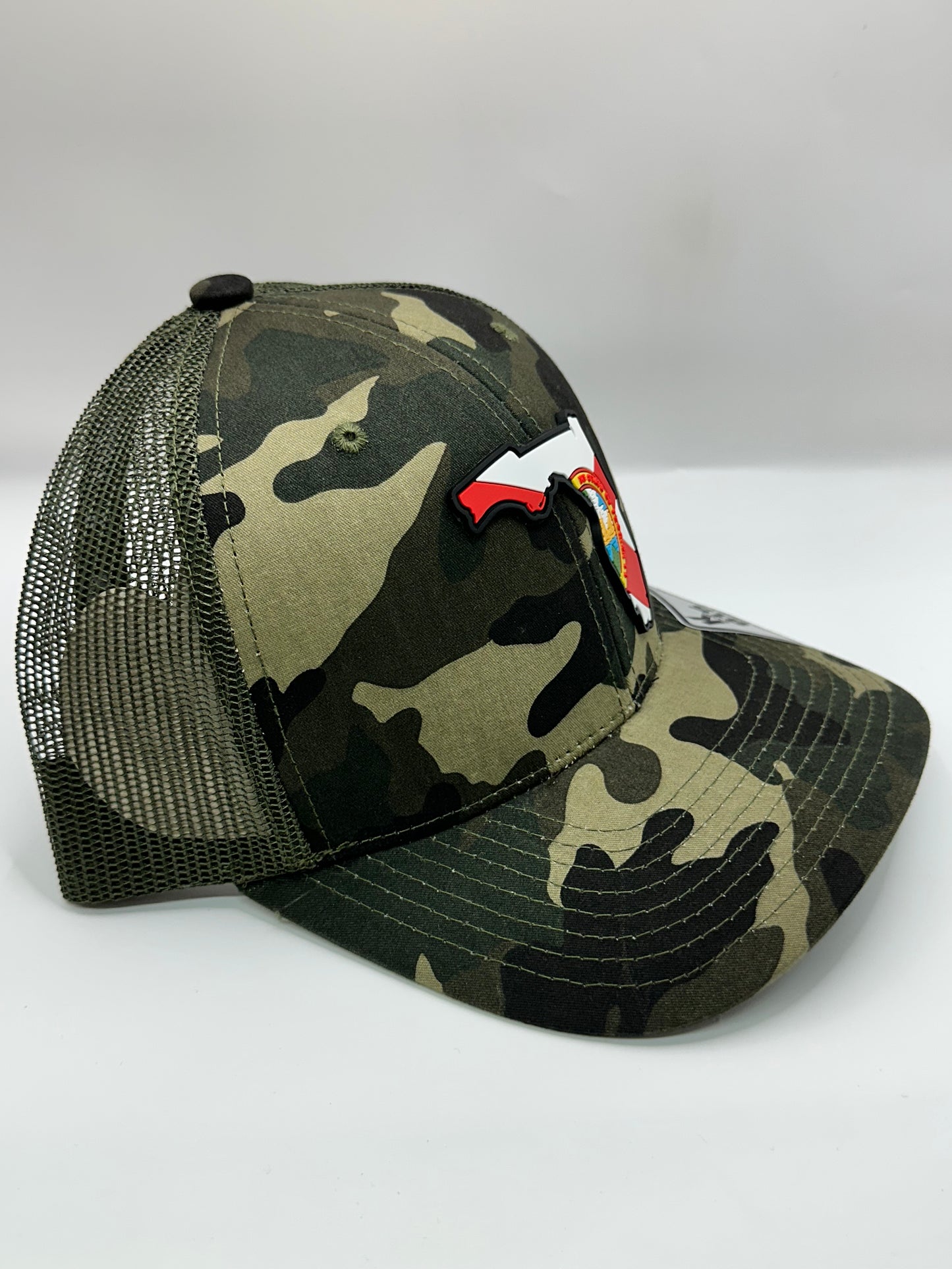 Camo Florida State Flag PVC Patch Kamel 815 Snapback Mesh Trucker Cap Slight Curve Hat Structured Mesh Back Adjustable Baseball Hat
