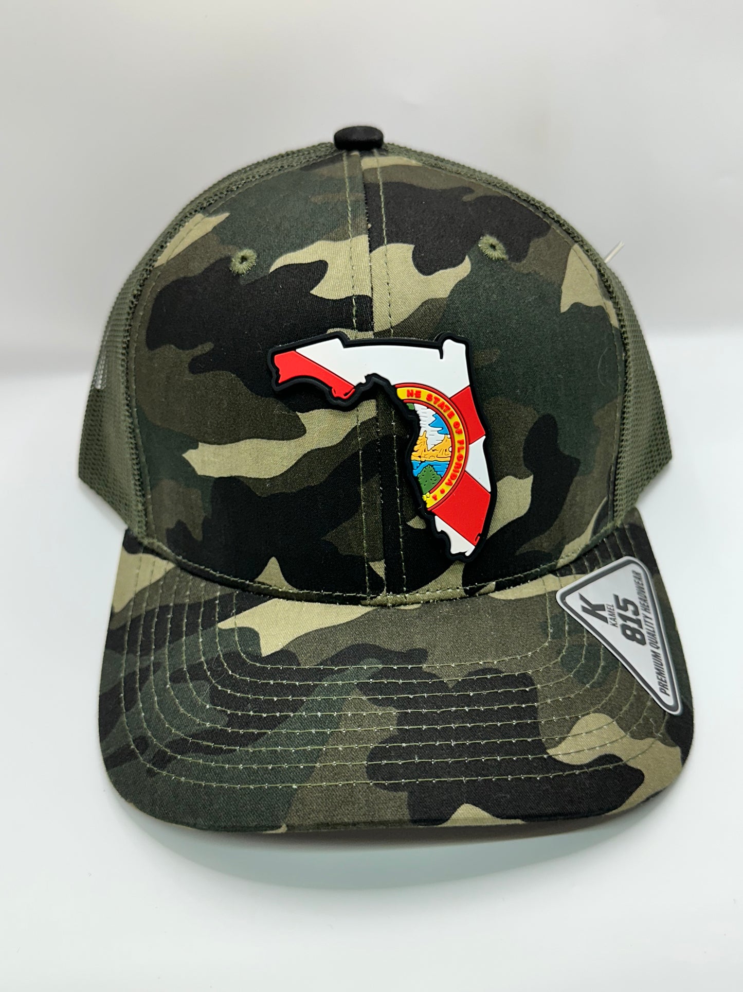 Camo Florida State Flag PVC Patch Kamel 815 Snapback Mesh Trucker Cap Slight Curve Hat Structured Mesh Back Adjustable Baseball Hat