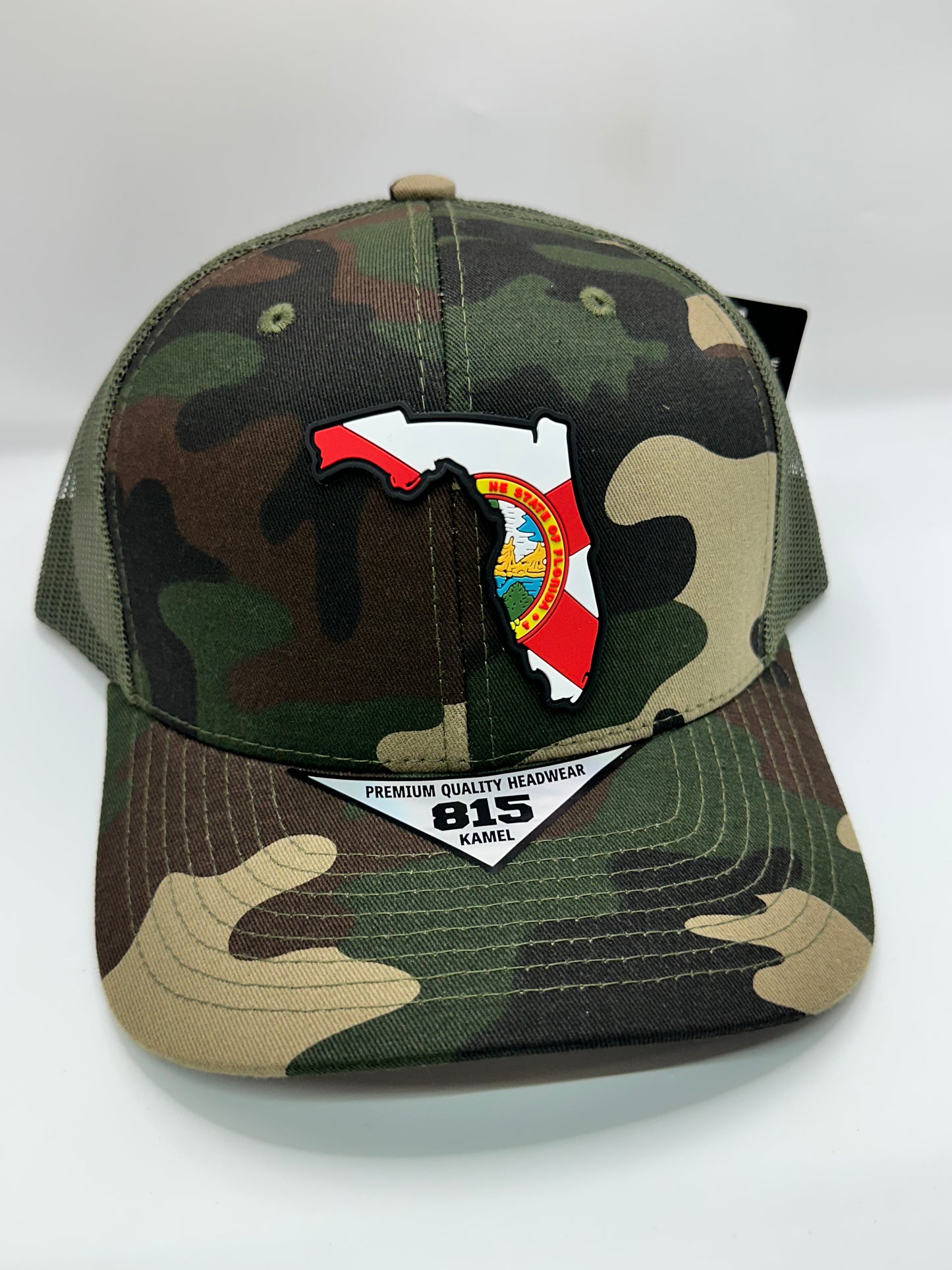 Camo Florida State Flag PVC Patch Kamel 815 Snapback Mesh Trucker Cap Slight Curve Hat Structured Mesh Back Adjustable Baseball Hat