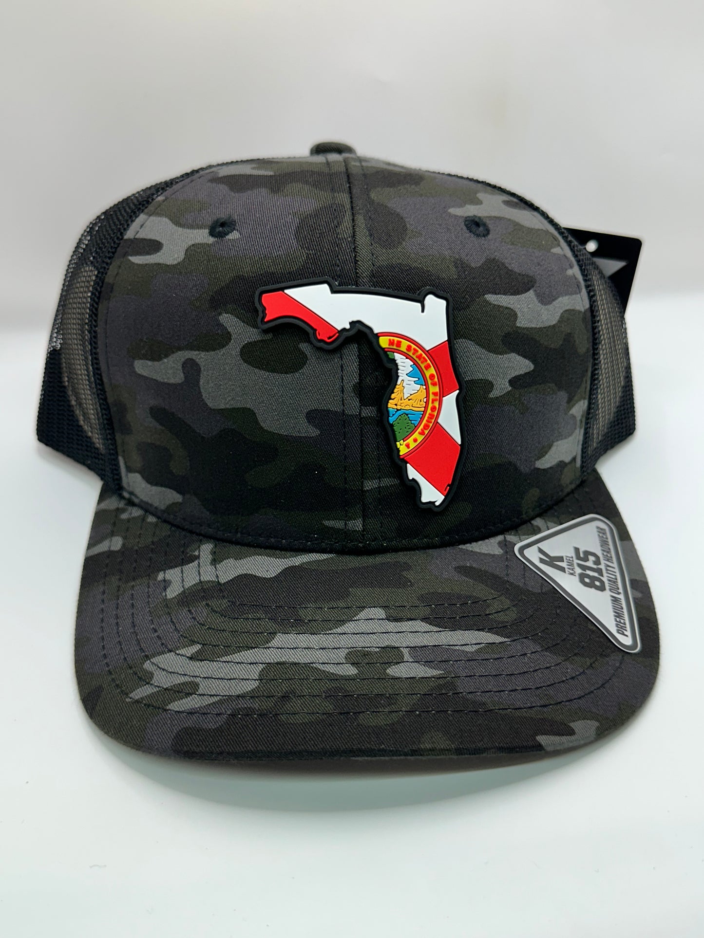 Camo Florida State Flag PVC Patch Kamel 815 Snapback Mesh Trucker Cap Slight Curve Hat Structured Mesh Back Adjustable Baseball Hat