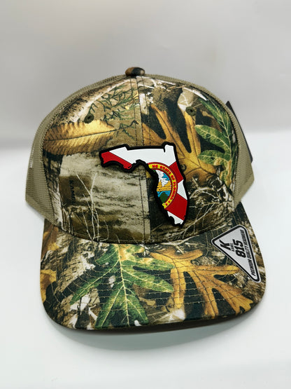 Camo Florida State Flag PVC Patch Kamel 815 Snapback Mesh Trucker Cap Slight Curve Hat Structured Mesh Back Adjustable Baseball Hat