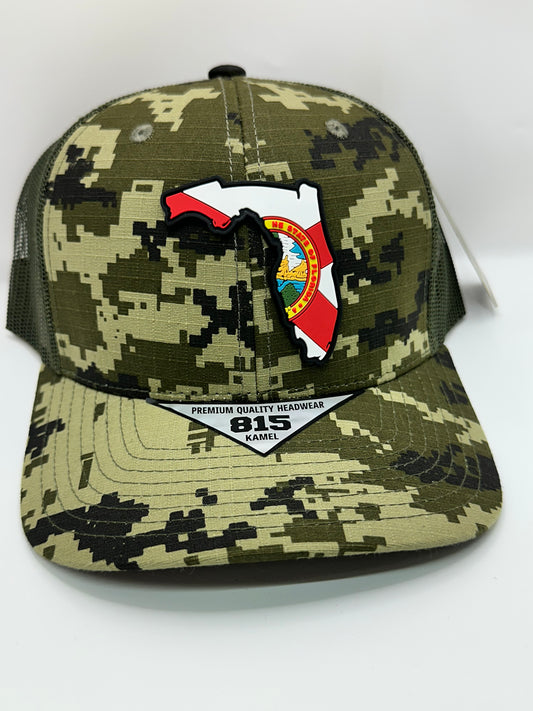 Digital Camo Florida State Flag PVC Patch Kamel 815 Snapback Mesh Trucker Cap Slight Curve Hat Structured Mesh Back Adjustable Baseball Hat