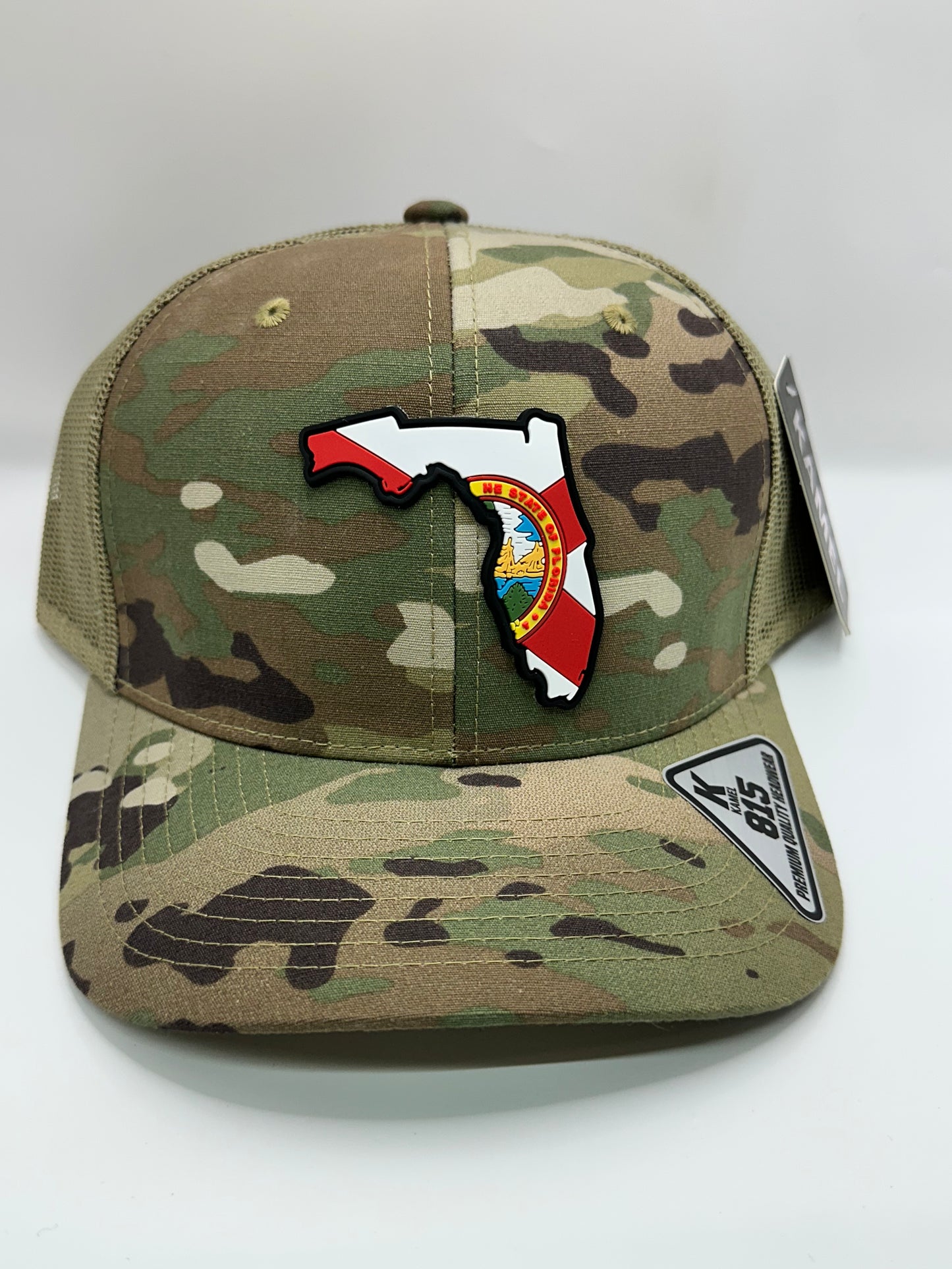 Camo Florida State Flag PVC Patch Kamel 815 Snapback Mesh Trucker Cap Slight Curve Hat Structured Mesh Back Adjustable Baseball Hat