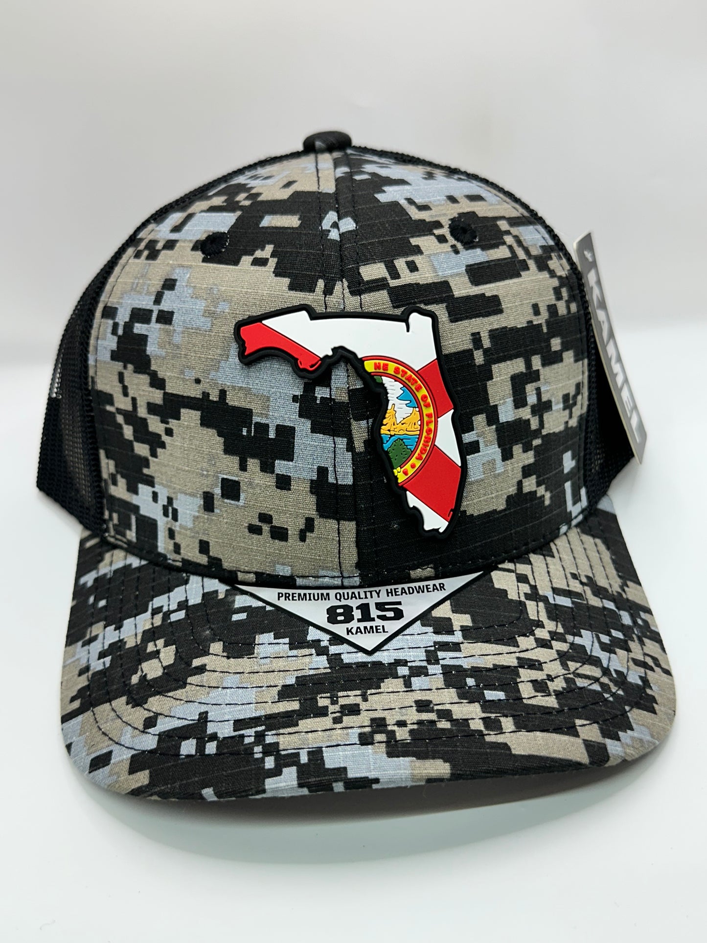 Digital Camo Florida State Flag PVC Patch Kamel 815 Snapback Mesh Trucker Cap Slight Curve Hat Structured Mesh Back Adjustable Baseball Hat