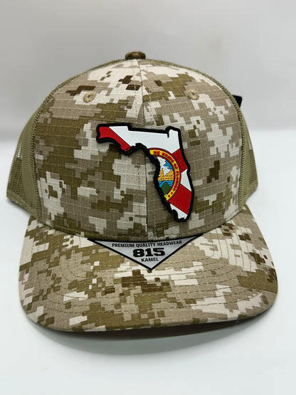 Digital Camo Florida State Flag PVC Patch Kamel 815 Snapback Mesh Trucker Cap Slight Curve Hat Structured Mesh Back Adjustable Baseball Hat