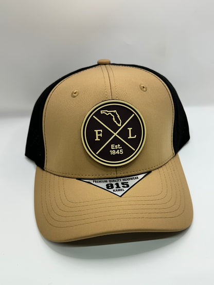 Florida Removable Circle PVC Patch Kamel 815 Snapback Mesh Trucker Cap Slight Curve Hat Structured Mesh Back Adjustable Baseball Hat