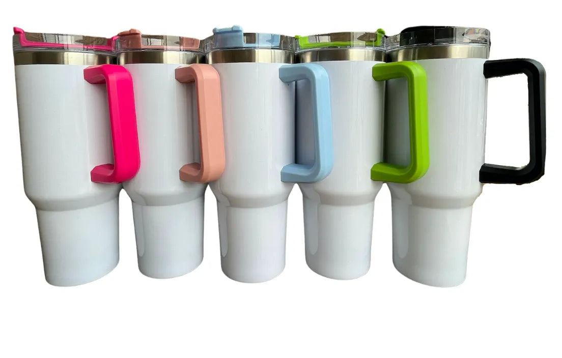Custom 40 oz Double Wall Stainless Steel Tumbler with Colored Handle and Lid - Crazy Kat Design Co