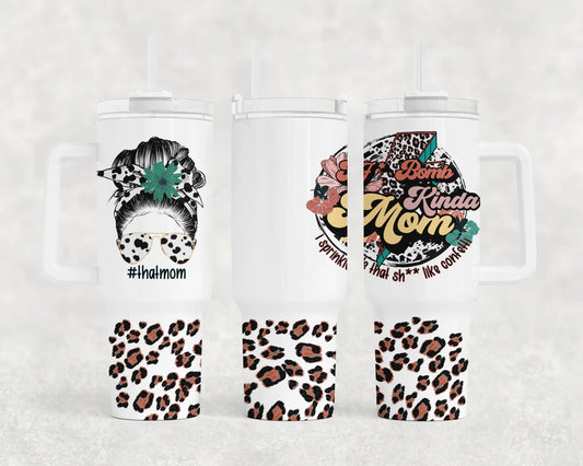 40 OZ F BOMB MOM CHEETAH LEOPARD TUMBLER WITH HANDLE 1.0