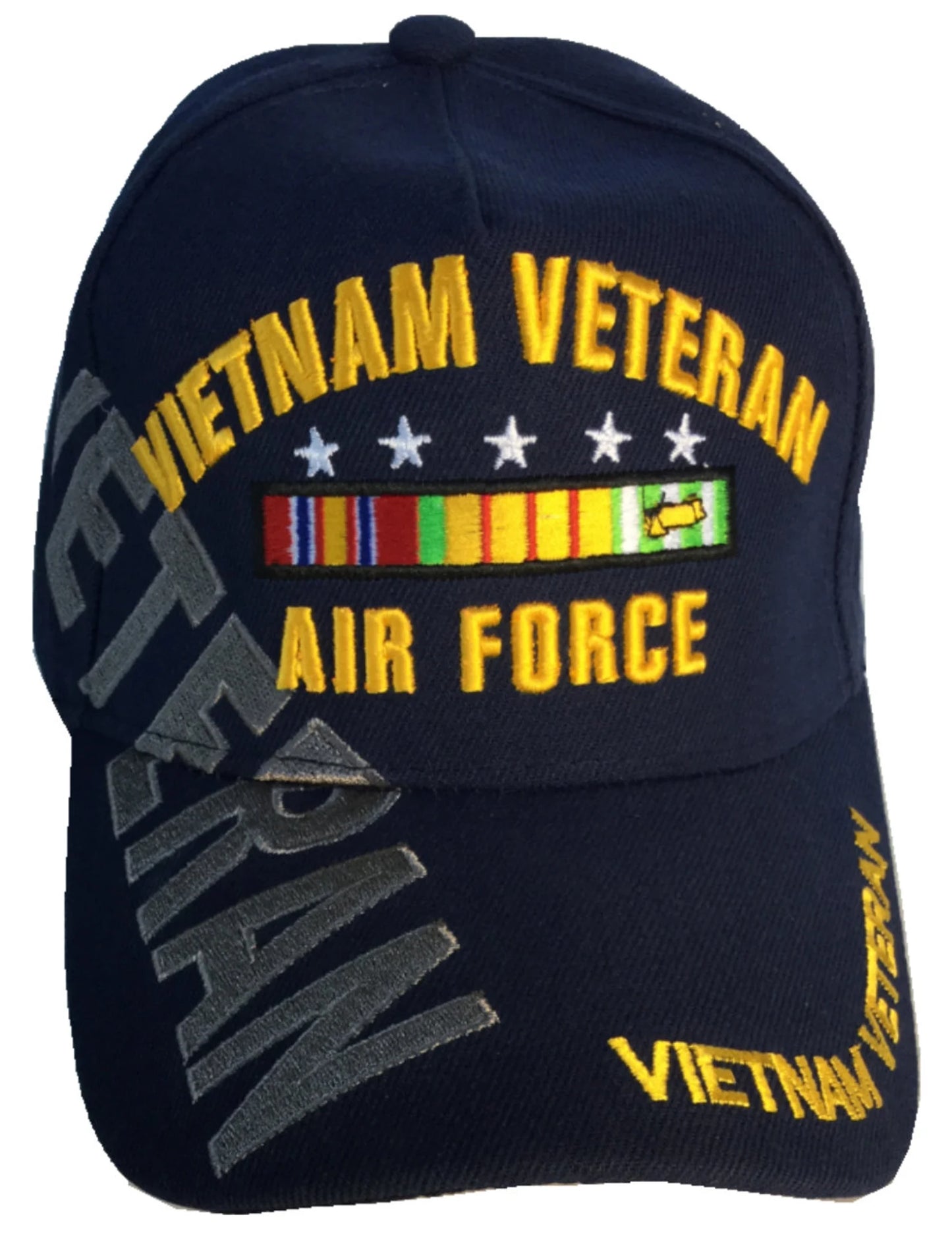 U.S. Air Force Vietnam Veteran, 5 stars Vietnam Ribbons, Veteran on side, navy blue hat