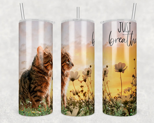 CUSTOMIZABLE JUST BREATHE CAT DRINKING HOT AND COLD TUMBLER - Crazy Kat Design Co