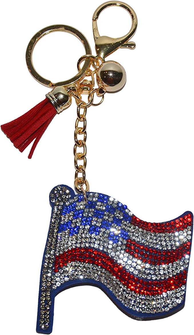 American Flag Keychain for Women and Girls, Rhinestone Purse Charm, Bling Backpack Key Ring, Crystal Bag Charms, Fun Keyrings