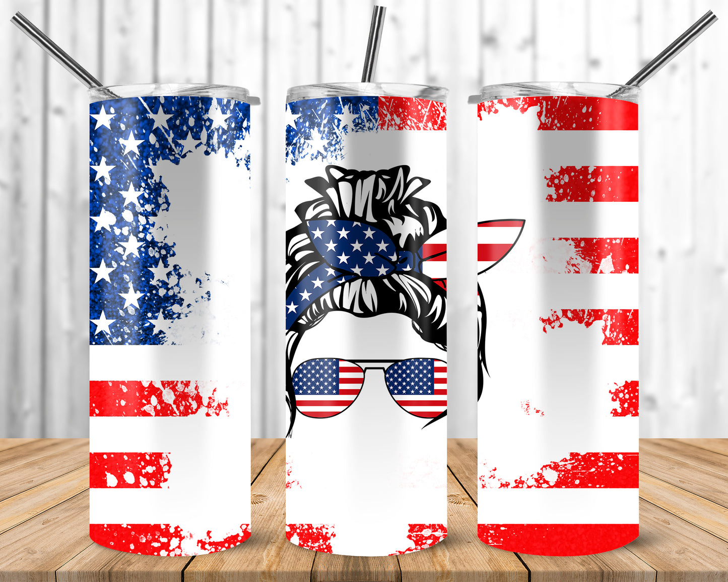 CUSTOMIZABLE AMERICAN FLAG MESSY BUN HEAD HOT AND COLD TUMBLERS - Crazy Kat Design Co