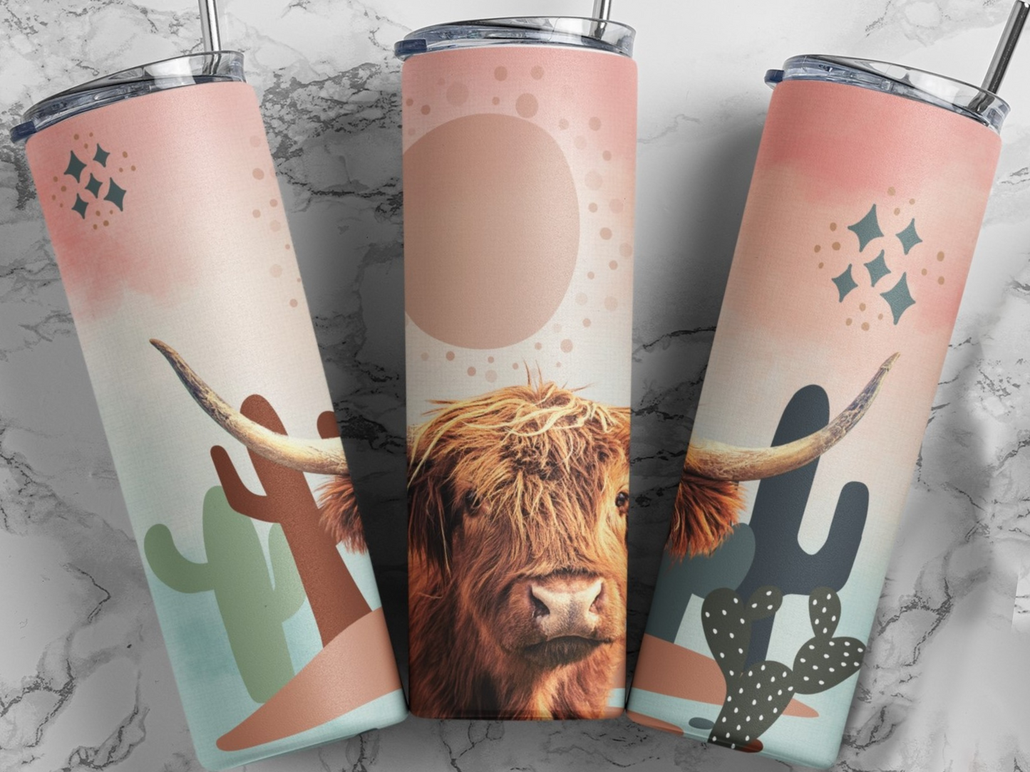 CUSTOMIZABLE BOHO HIGHLAND COW HOT AND COLD TUMBLERS