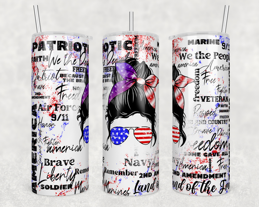 CUSTOMIZABLE PATRIOTIC MESSY BUN HOT AND COLD TUMBLERS - Crazy Kat Design Co