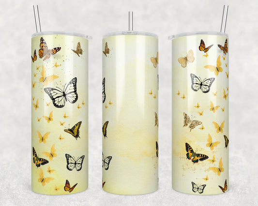 CUSTOMIZABLE BUTTERFLIES WITH YELLOW BACKGROUND HOT AND COLD TUMBLERS - Crazy Kat Design Co