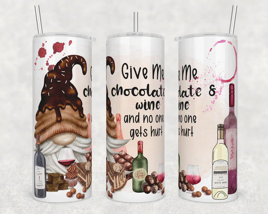 CUSTOMIZABLE GNOME GIVE ME CHOCOLATE AND WINE HOT AND COLD TUMBLER - Crazy Kat Design Co