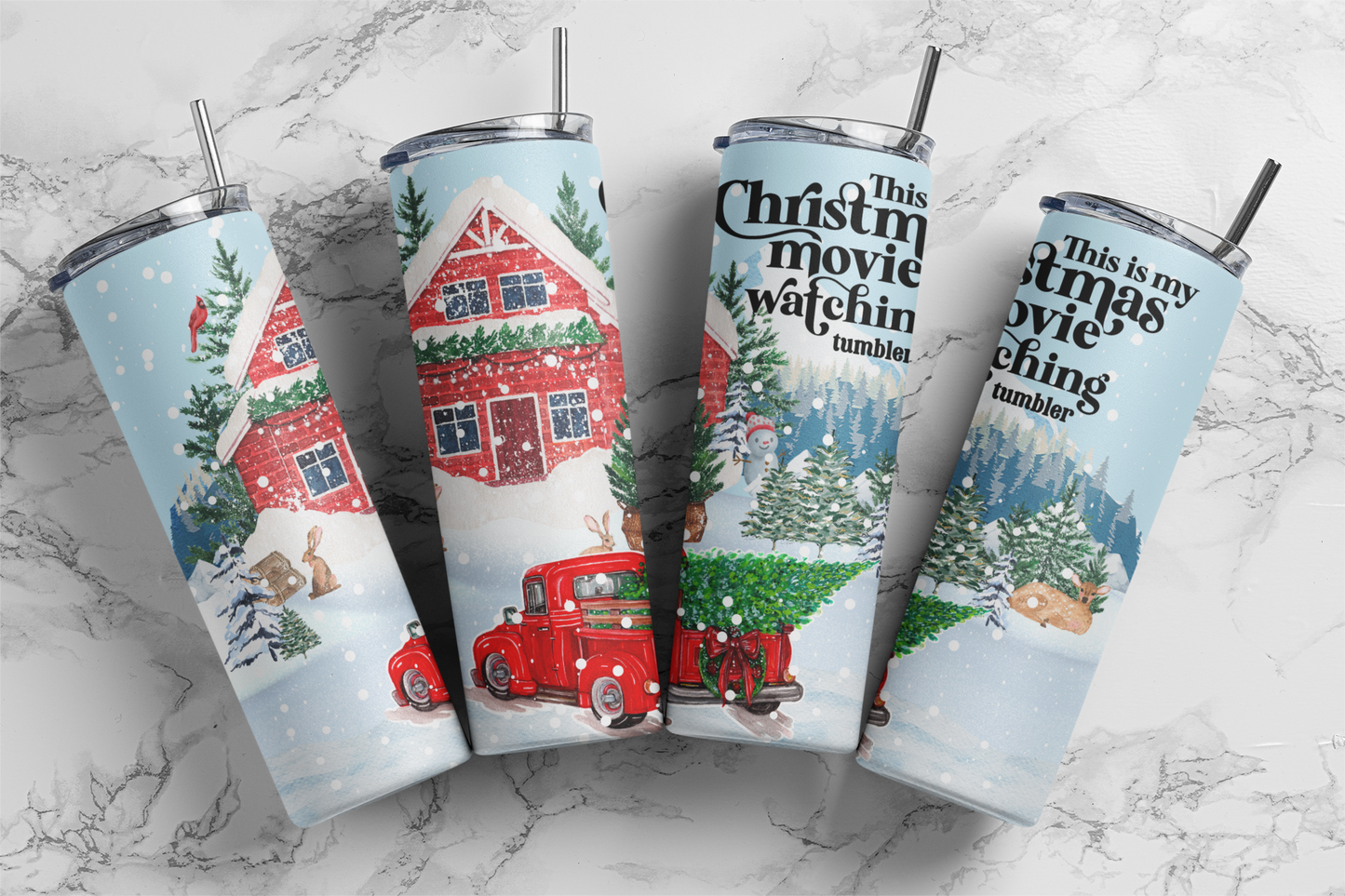 CUSTOMIZABLE CHRISTMAS MOVIE WITH RED TRUCK HOT AND COLD TUMBLERS