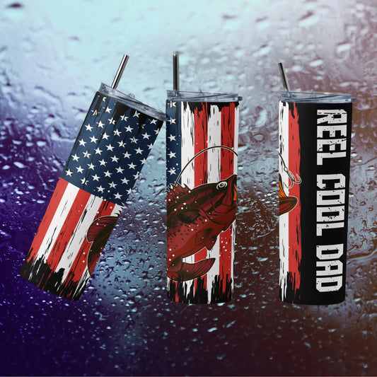 CUSTOMIZABLE REEL DAD AMERICAN FLAG FISHING POLE HOT AND COLD TUMBLER - Crazy Kat Design Co