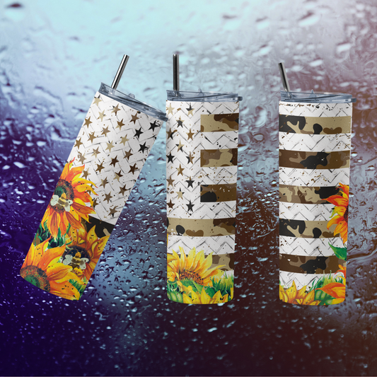 CUSTOMIZABLE CAMO AMERICAN FLAG WITH SUNFLOWERS HOT AND COLD TUMBLERS - Crazy Kat Design Co