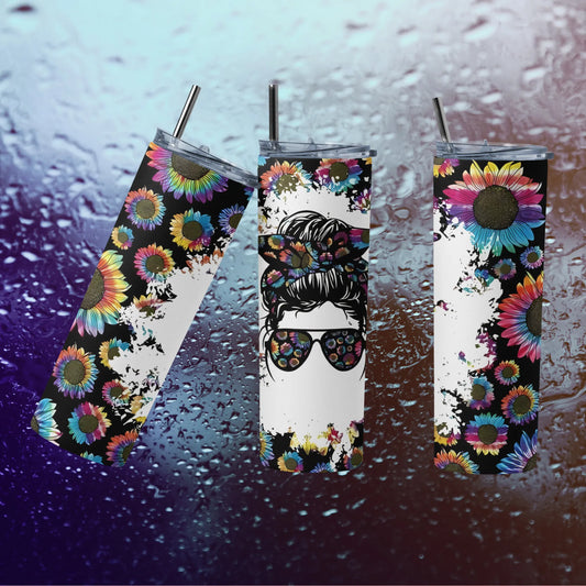 CUSTOMIZABLE SUNFLOWER MESSY BUN HOT AND COLD TUMBLER - Crazy Kat Design Co