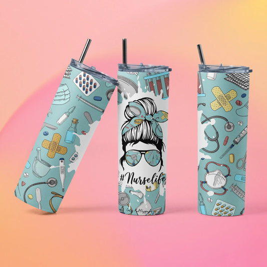 CUSTOMIZABLE TUMBLER BLUE MESSY BUN NURSE LIFE - Crazy Kat Design Co