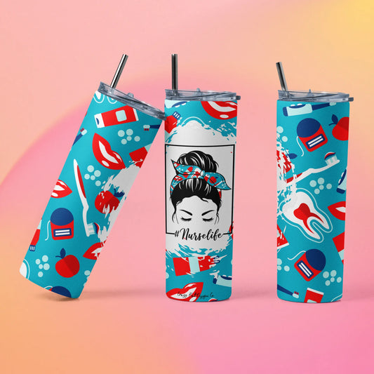 CUSTOMIZABLE MESSY BUN NURSE LIFE HOT AND COLD TUMBLER - Crazy Kat Design Co