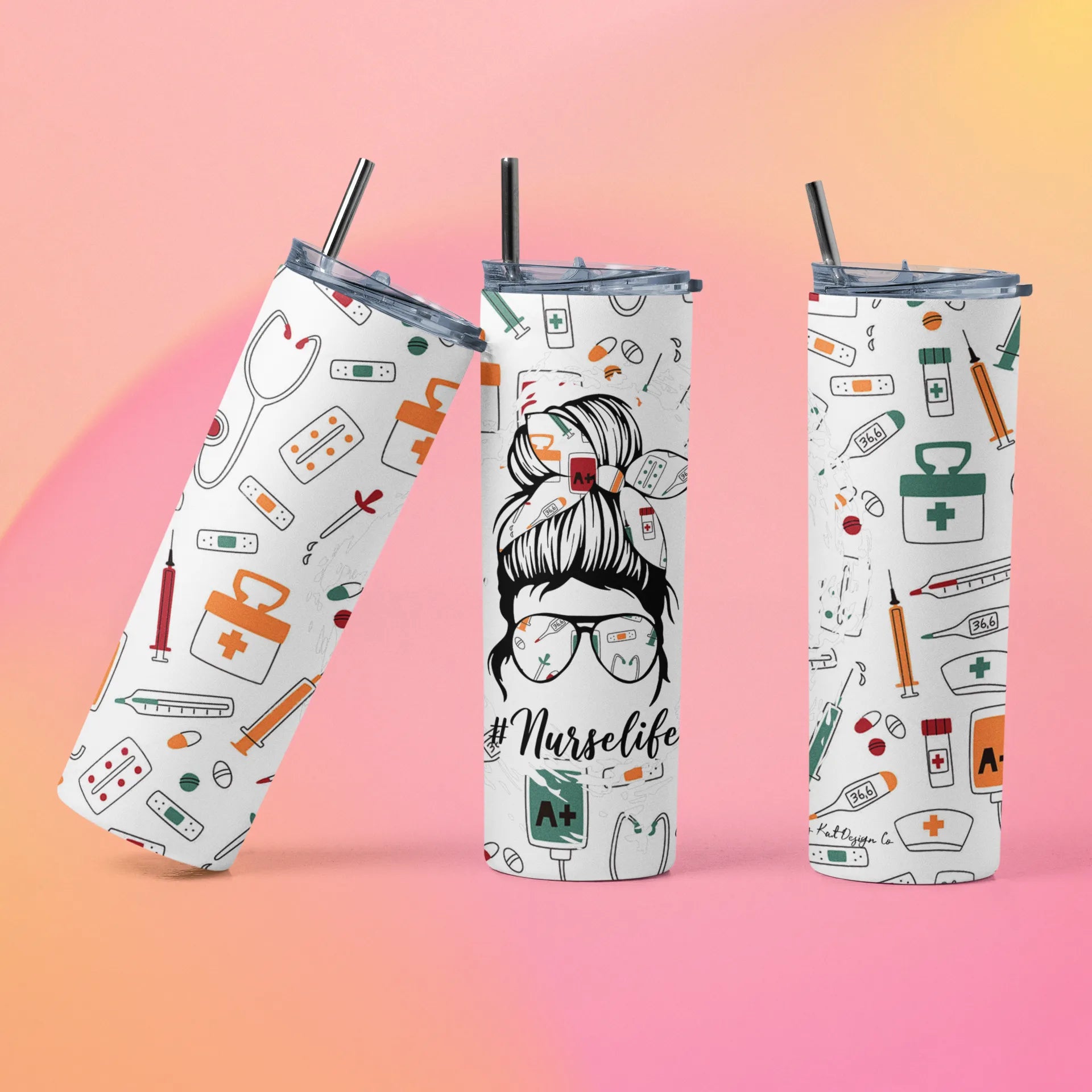 CUSTOMIZABLE MESSY BUN NURSE LIFE HOT AND COLD TUMBLER - Crazy Kat Design Co